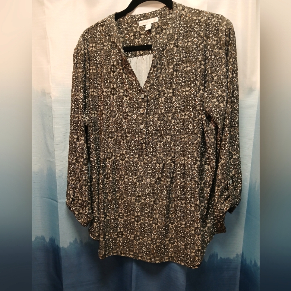 Olive green Medallion Design 3/4 length Blouse XL